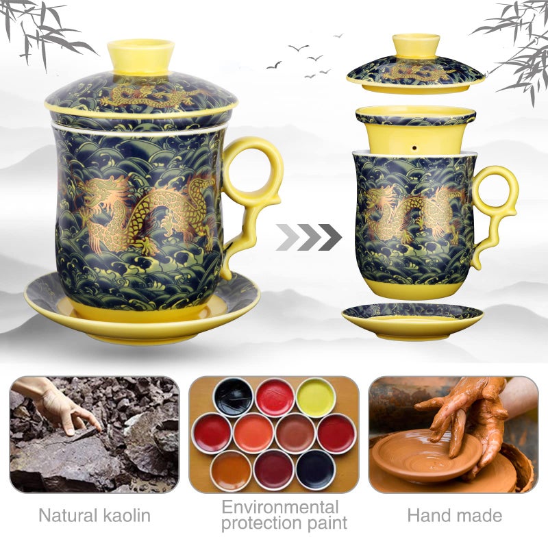 YURROAD Chinese Dragon Pattern Tea-Mug with Strainer Infuser and Lid and Saucer Ceramic Tea Mug Convenient System Chinese Porcelain Personal Tea Cup 13.5oz(400ml) - DARK GREEN TC400 - Image 2